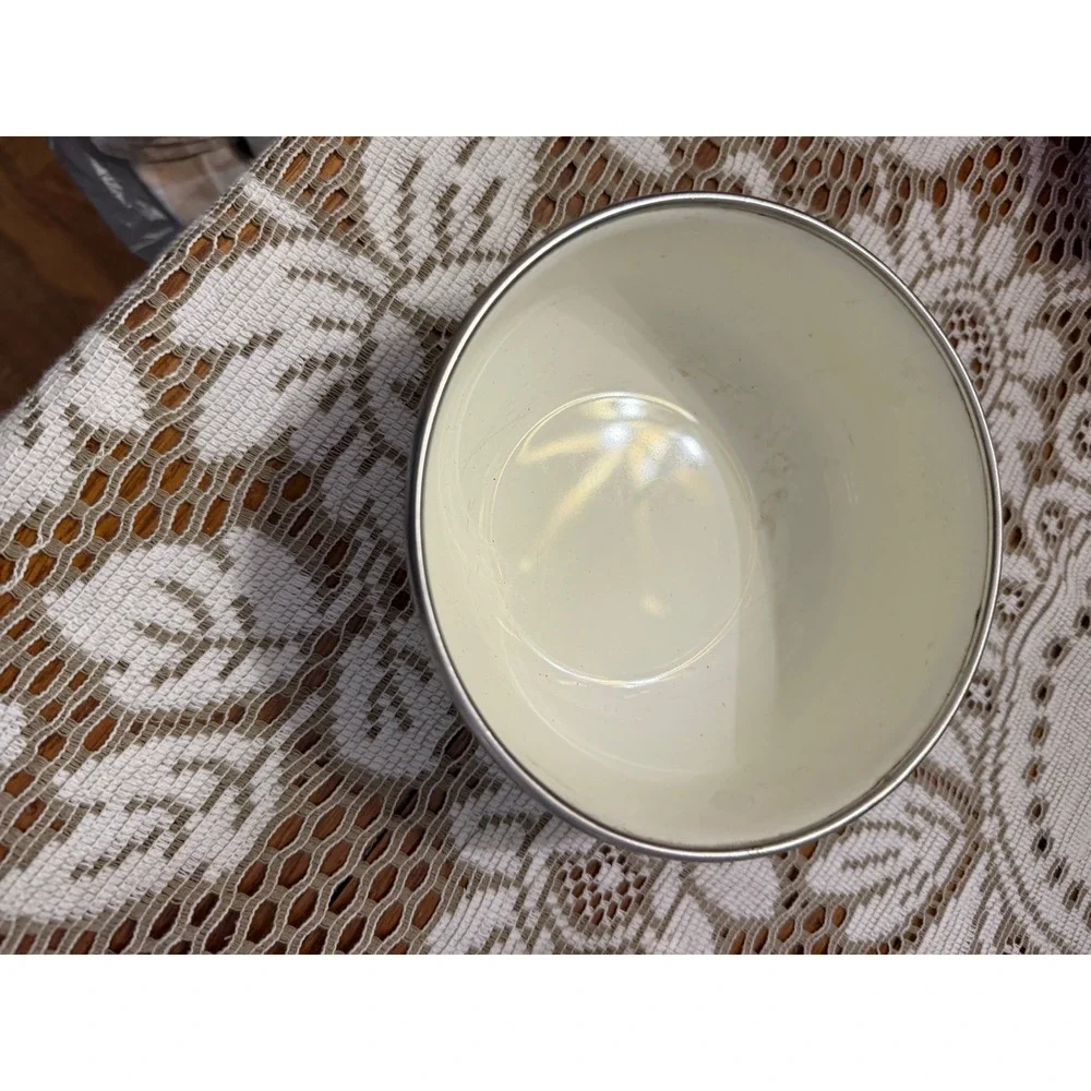 Vintage Enamelware Floral Mixing Bowl Folk Art Cottagecore Cream 5.5 Inch